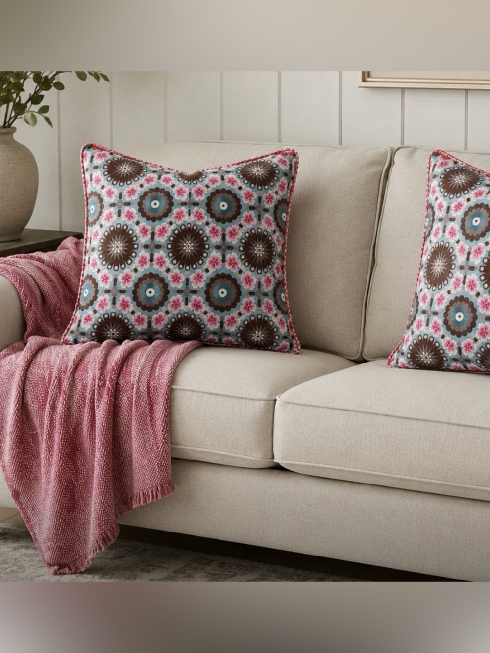 Anthro PIP Studio Floral Decorative Pillow cushion covers - Brown, Teal & Pink 2